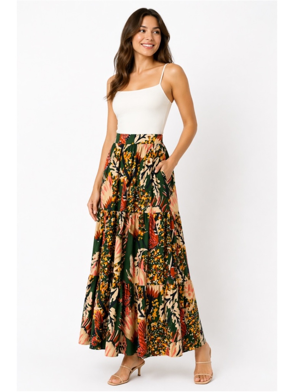 NWT Pearl Pagoda Monarch Butterfly Green Tiered Cottagecore Maxi Skirt‎